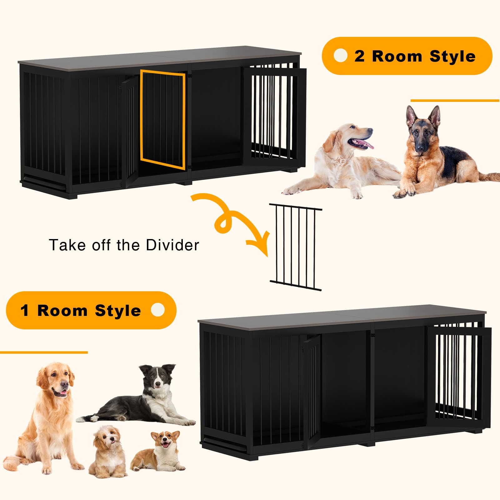 DAWNSPACES Large Funiture Style Dog Crate for 2 Dogs, 70" Wooden Dog Kennel Furniture with Removable Divider & 2 Trays, Indoor Heavy Duty Dog House w/Double Rooms for Large Medium Dogs, Black - WoodArtSupply