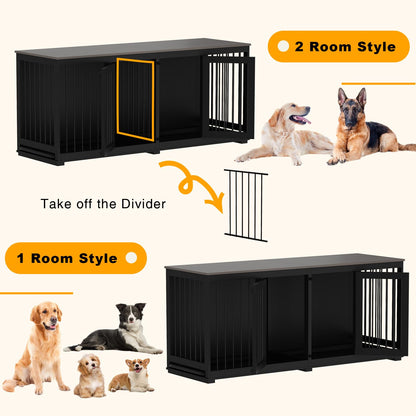 DAWNSPACES Large Funiture Style Dog Crate for 2 Dogs, 70" Wooden Dog Kennel Furniture with Removable Divider & 2 Trays, Indoor Heavy Duty Dog House w/Double Rooms for Large Medium Dogs, Black - WoodArtSupply