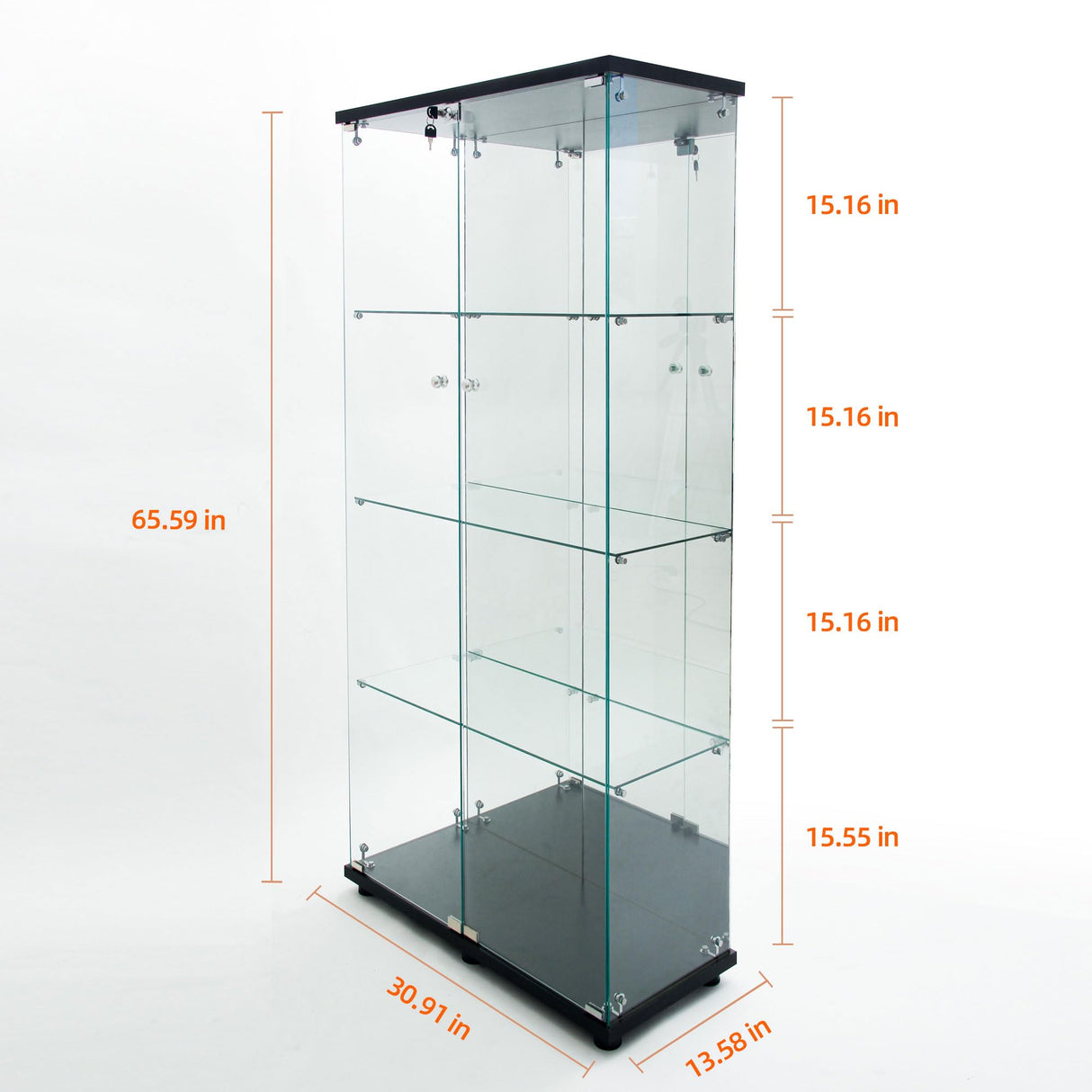 Yoluckea 4-Tier Glass Display Cabinet with Bluetooth LED Light Strip, 2-Door Floor Standing Curio Cabinet with Adjustable Feet and Mirror Back Panel, Black Glass Bookshelf for Collections, Wood Top Yoluckea