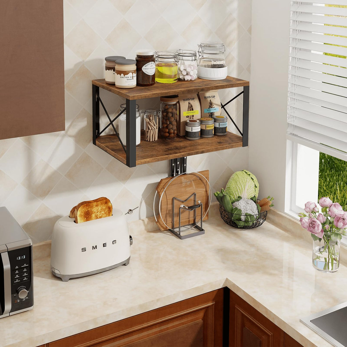 Homode Floating Nightstand, Wood Floating Bedside Table with Cable Hole, 2 Tier Wall Mounted Nightstand, Hanging Night Stand Wall Shelves for Bedroom Living Room Bathroom Kitchen, Rustic Brown Homode