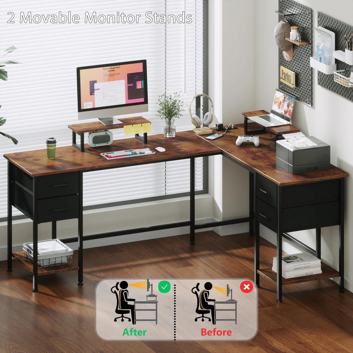 Korfile 66" L Shaped Computer Desk with Power Outlets, Home Office Desk with 4 Adjustable Storage Drawers & 2 Monitor Stands, Large Two Person Gaming Table for Writing Study, Rustic Brown Korfile