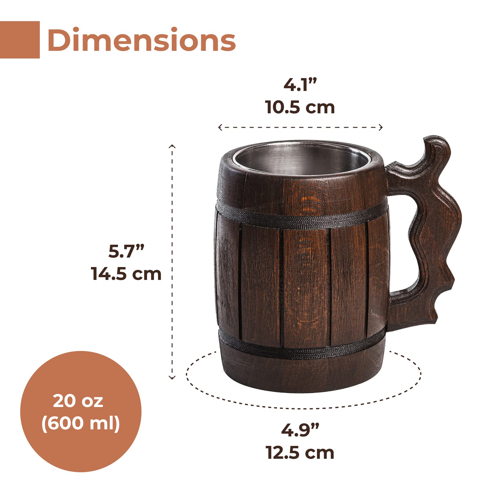 Handmade Wooden Rustic Beer Mug Real Oak Eco-friendly Wood Stainless Steel Cup 20 oz(600ml) Brown3 - Etno Motif Wood Viking Beer Mug Stein - Beer Tankard Irish Retro Halloween - Cowboys Beer  - WoodArtSupply