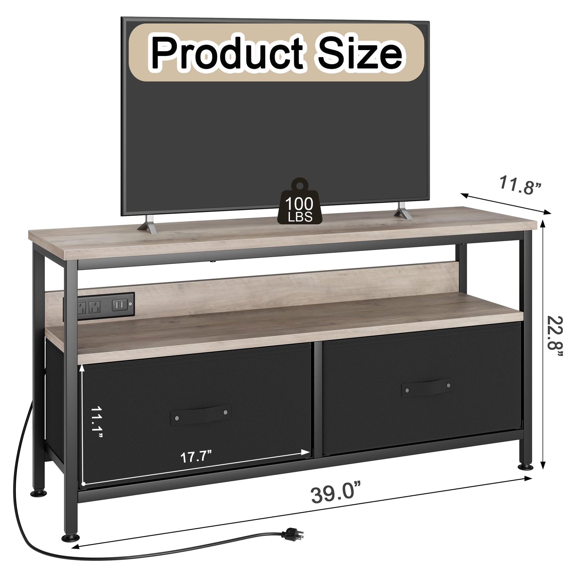 J-yaamiZz 39" Dresser TV Stand for TVs up to 50", Media Console with LED Lights, Charging Station & 2 Drawer Storage Chest, Gaming Entertainment Center with Storage for Bedroom, Living Room,  - WoodArtSupply