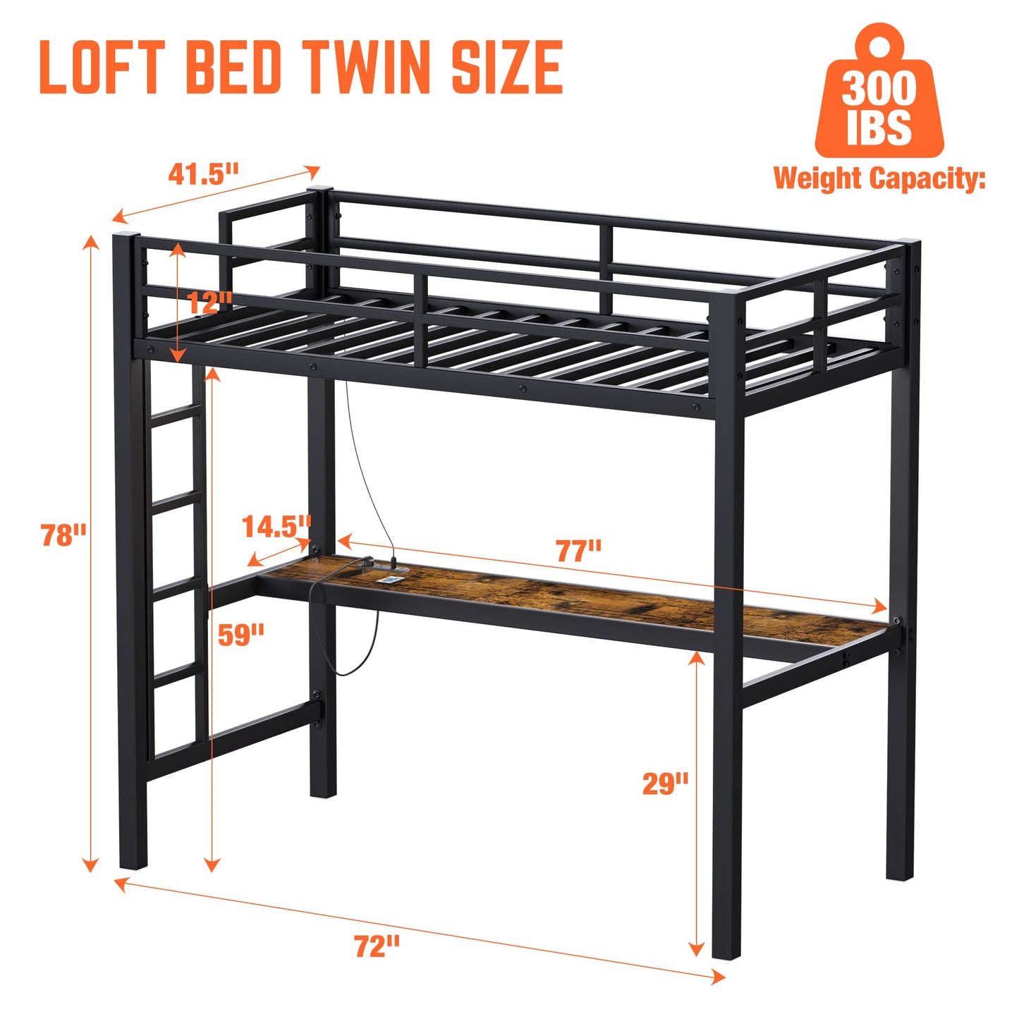 Reemoon Metal Twin Bed with Desk, Metal Loft Bed Frame with USB Power Outlet and LED Strip Lights for Kids and Teens, Black