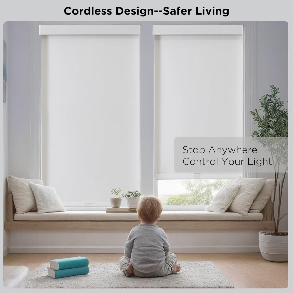 Joydeco 100% Blackout Roller Shades (Pro), Free-Stop Cordless Blinds for Windows, UV Protection, Natural Woven Blinds for Home and Office, Light-Proof Aluminum Cover (35" W x 75" H, White) Joydeco