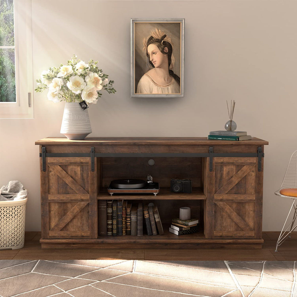 JUMMICO TV Stand for 65 Inch TV, Entertainment Center with Storage Cabinets and Sliding Barn Doors, Mid Century Modern Media TV Console Table for Living Room Bedroom (Rustic Oak) JUMMICO