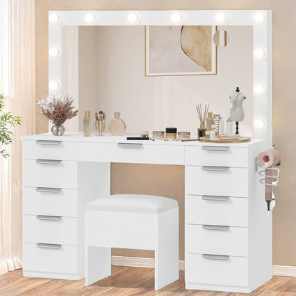 YITAHOME Vanity Desk Set with Mirror, 3-Mode Lights, Charging Station, 11 Drawers and Bench