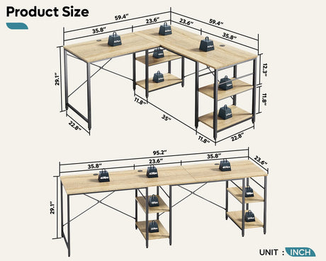 Bestier 95.2” L Shaped Desk, Reversible Corner Computer Desk or 2 Person Long Table with Adjustable Shelves, Large Writing Study Workstation with 3 Cable Holes - Oak Bestier