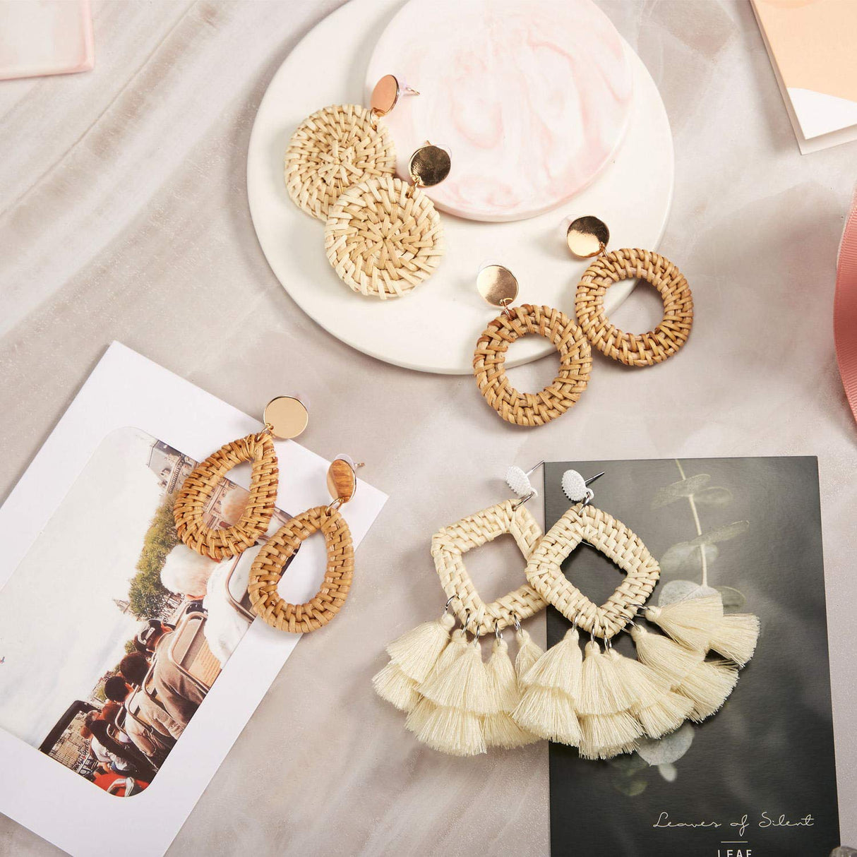 4 Pairs Rattan Earrings Lightweight Geometric Tassel Woven Bohemian Earrings Handmade Straw Wicker Braid Hoop Drop Dangle Earrings For Women Girls (Stylish) meekoo