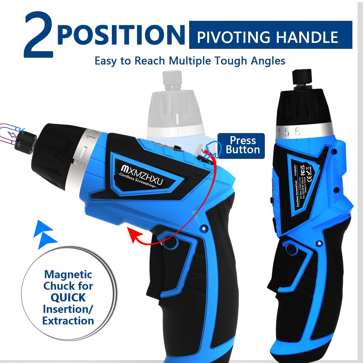 MXMZHXU Cordless Screwdriver, 8V Max 10Nm Electric Power Screwdriver with 47 Accessories, 6+1 Torque, Pivoting Handle, 2000mah Rechargeable Screw Gun & Bit Set with LED Light, Flexible Shaft MXMZHXU