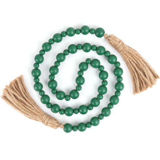 Yagoo St Patricks Day Wood Bead Garland with Tassels, Farmhouse Rustic Prayer Beads Boho Tassel Garland Decorative Beads for Home Decor (Green)