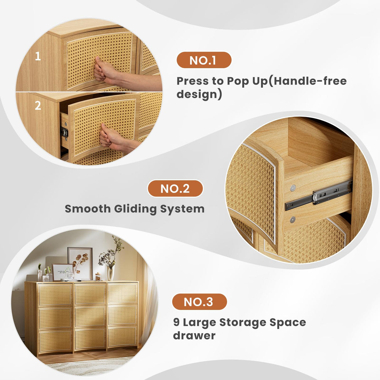 VOPEAK 9 Drawer Dresser for Bedroom, Boho Rattan Dresser, Modern Wood Storage Chest of Drawers with Handle-Free Design, Press to Pop Up Drawer, Side Table for Entryway, Living Room, Closet, Natural VOPEAK