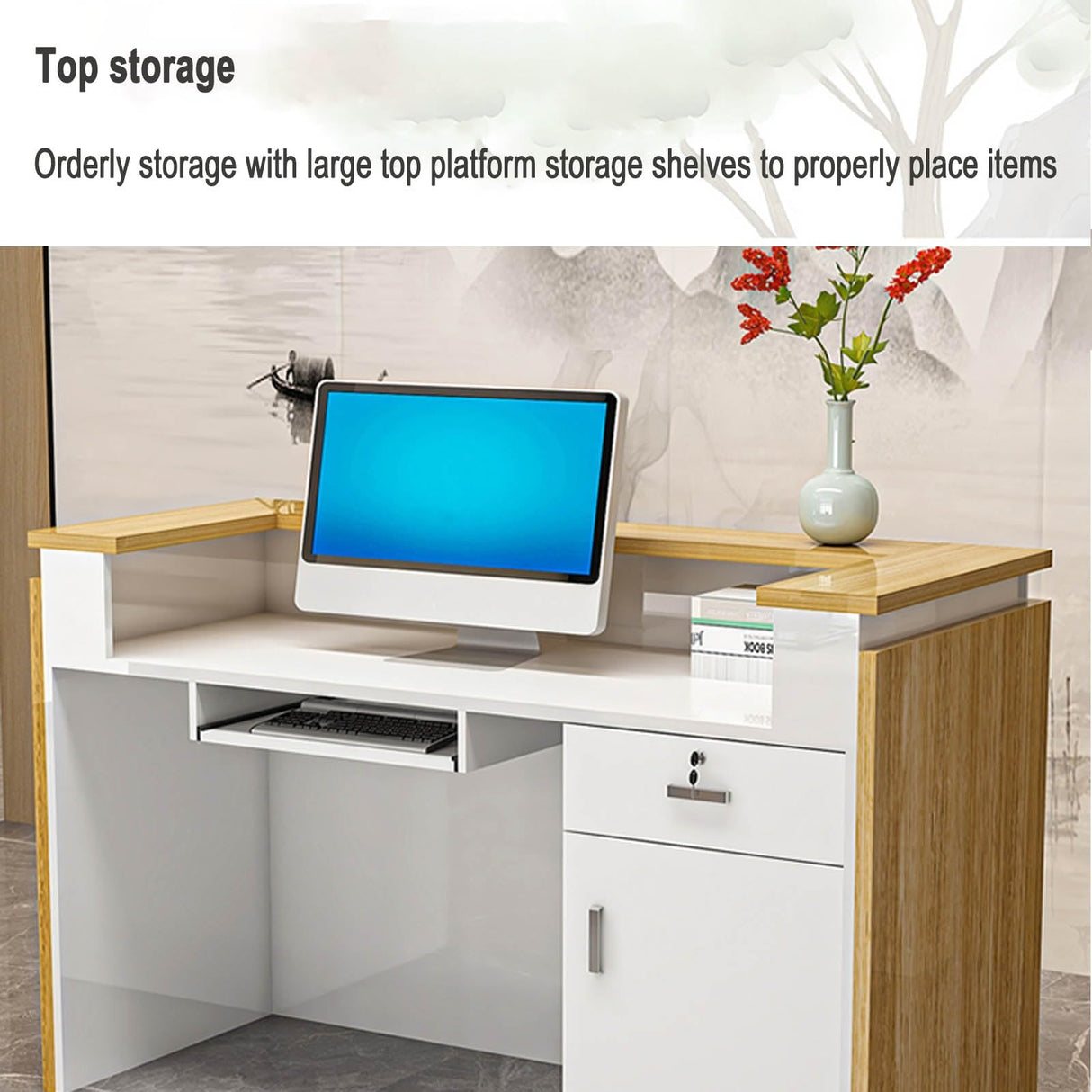 Retail reception counter with LED lights, reception desk for beauty salon, front desk reception counter with counter, wooden standing front desk for clothing store, company front desk, Coffee Shop.(B, FYRDTNG