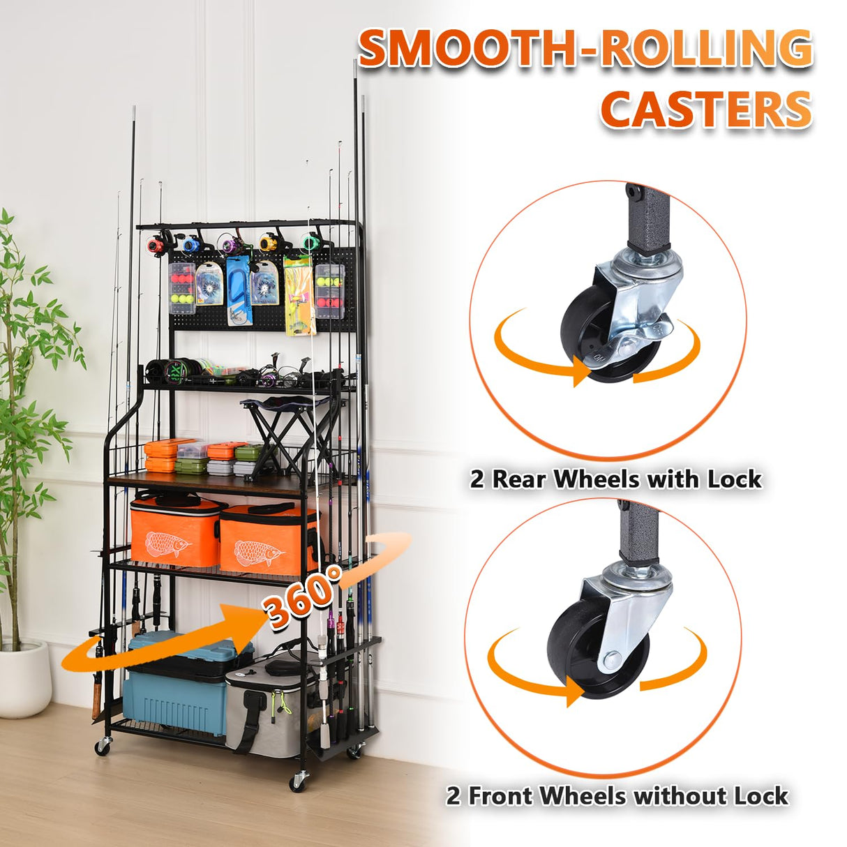 Lezbanz Upgraded Heavy Duty Fishing Rod Rack for Garage, Fishing Pole Holders for 12 Rods with Hooks and Pegboard, Fishing Cart with Reel Rack, Fishing Gear Holder Lezbanz