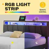 DWVO King Size Bed Frame with Storage Headboard, Upholstered Bed Frame with LED Lights, Platform Bed with Charging Station, No Box Spring Needed, Easy Assembly, Grey DWVO