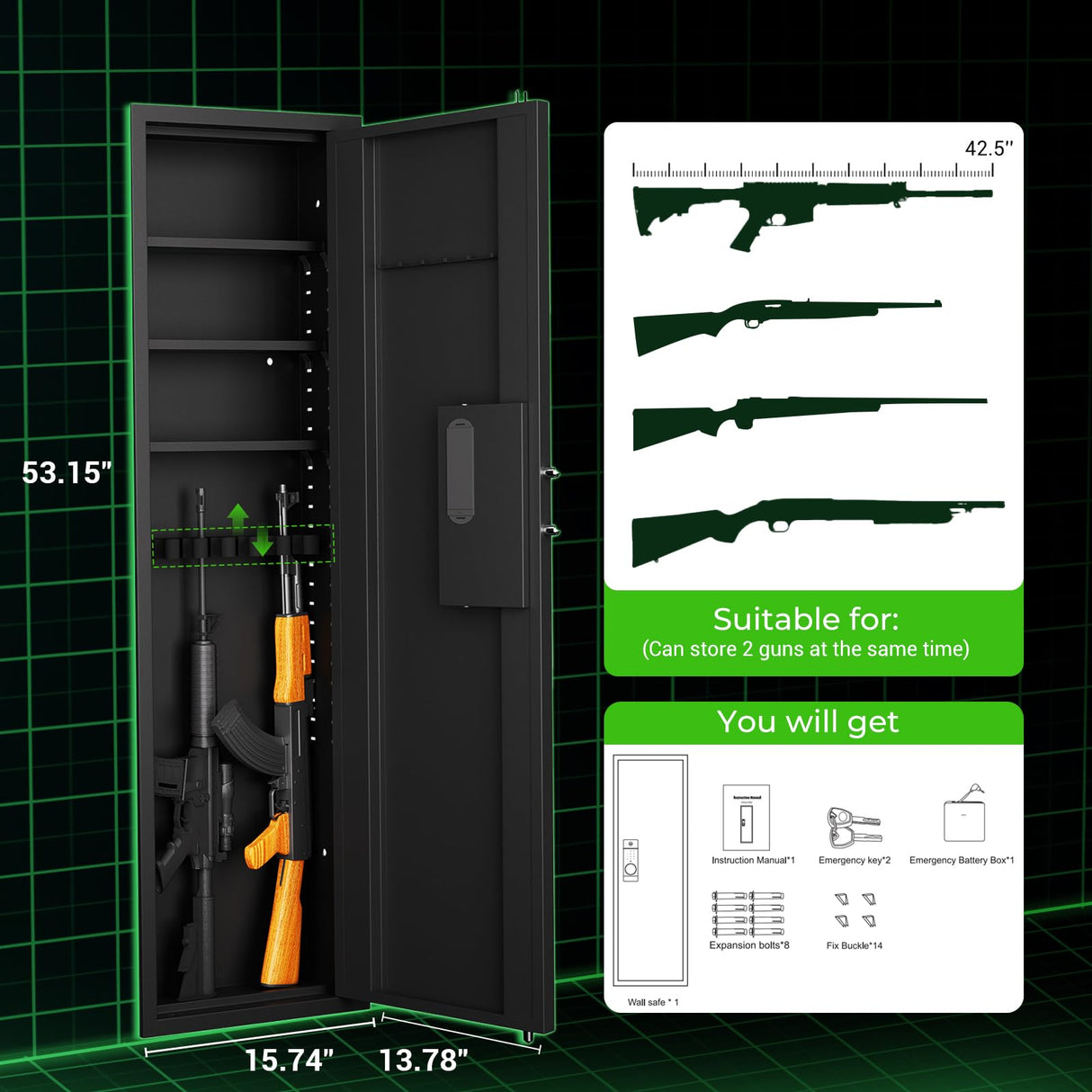 MyVoice 53" In-Wall Gun Safe Between Studs, Dual Alarm System Hidden Rifle Safe with Electronic Touchscreen Lock, 19-Gauge Steel for Concealed Firearm Storage, Silent Mode Home Defense, Quick-Access MyVoice