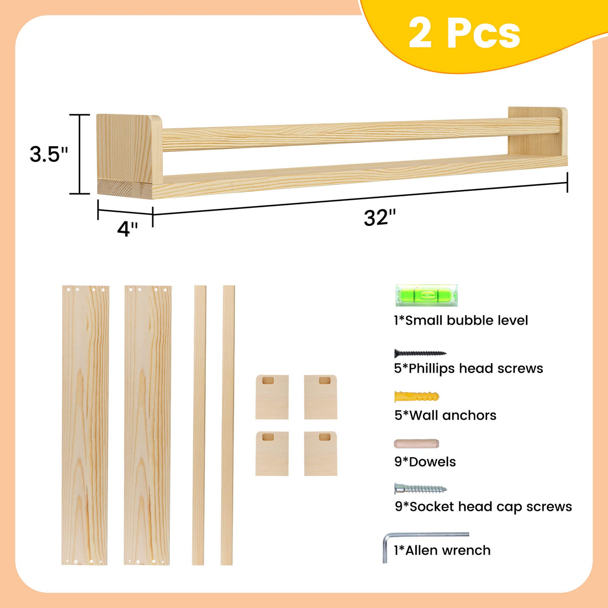 Fun Memories Nursery Book Shelves - Rustic Natural Solid Wood Floating Bookshelf for Kids - Wall Book Shelves for Kids Room (Natural, 32inch - 2P) Fun Memories