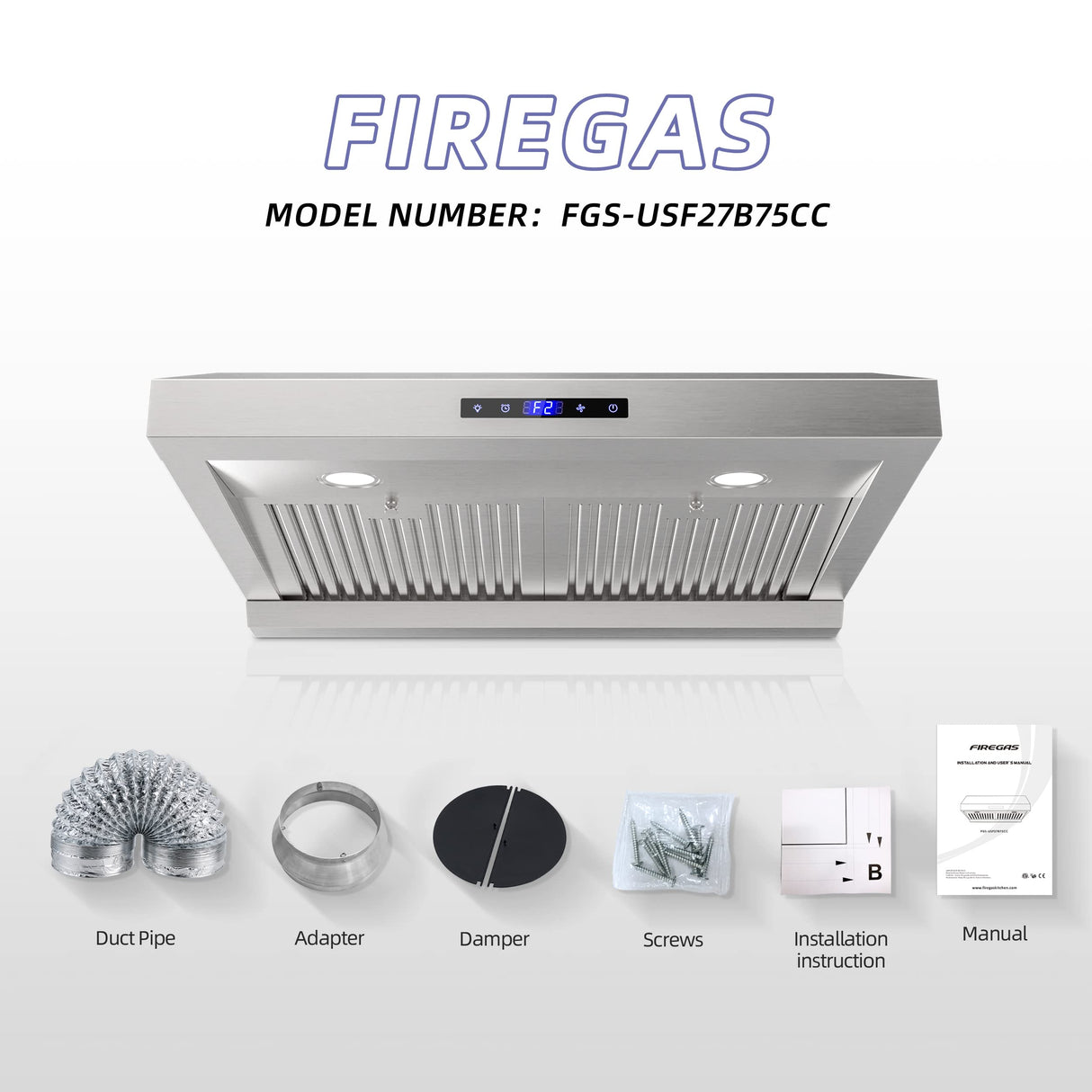 FIREGAS Range Hood 30 inch, Dual Motor Kitchen Hood 900 CFM Stainless Steel Vent Hood for Under Cabinet with 3 Speed Exhaust Fan, Touch Screen, Dishwasher Safe Baffle Filters and LED Lights FIREGAS