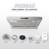 FIREGAS Range Hood 30 inch, Dual Motor Kitchen Hood 900 CFM Stainless Steel Vent Hood for Under Cabinet with 3 Speed Exhaust Fan, Touch Screen, Dishwasher Safe Baffle Filters and LED Lights FIREGAS