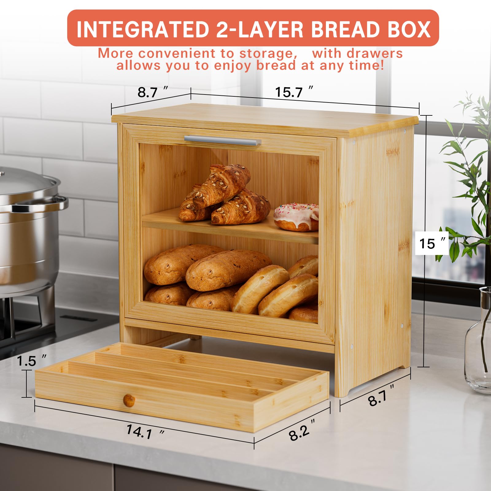 G.a HOMEFAVOR Bamboo Bread Box for Kitchen Counter: Large 2-Tier Bread Storage Container with Drawer for Homemade Bread, Farmhouse Bread Holder Food Bin with Window, Self-Assembly - WoodArtSupply