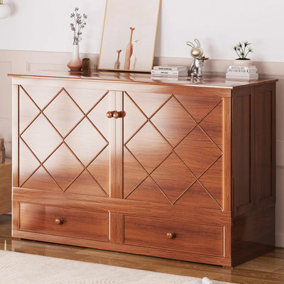 Mjkone Queen Murphy Bed Cabinet with Tri-Folding Mattress, Distressed Wooden 63" W Cabinets Wall Chest Beds with Built-in Charging Station & Storage Drawer for Office Guest Bedroom Living Room, Cherry