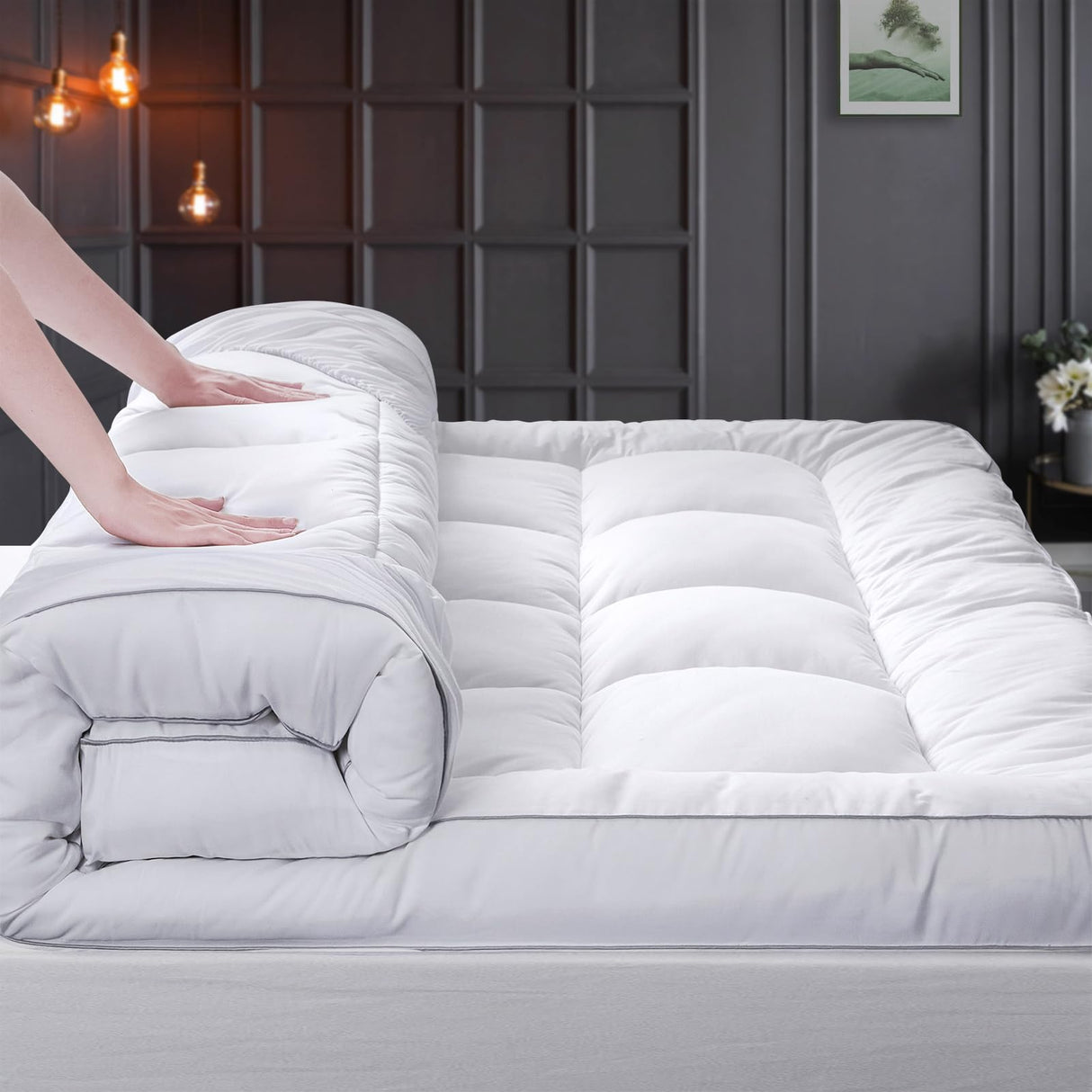 HYPREST Pillow Top Mattress Topper King, Extra Thick Mattress Topper 1300 GSM Down Alternative, 100% Cotton Soft Plush Bed Topper 8-24" Deep Pocket HYPREST