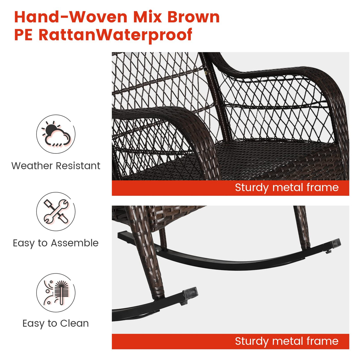 MEDIMALL Outdoor Wicker Rocking Chair, Patio Rattan Rocker w/Lumbar Pillow, Padded Seat & Back Cushions, Metal Frame, Mix Brown Wicker Furniture for Balcony, Porch, Deck, Backyard (Red) MEDIMALL