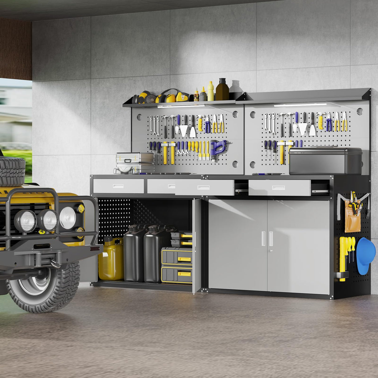 Eltean 65" Heavy Duty Work Bench with Storage, 2000 LB Capacity Garage Work Table with Adjustable LED Lighting、Lockable Cabinet、Drawers & Pegboard ，Work Benches for Garage、Workshop, Basement Eltean