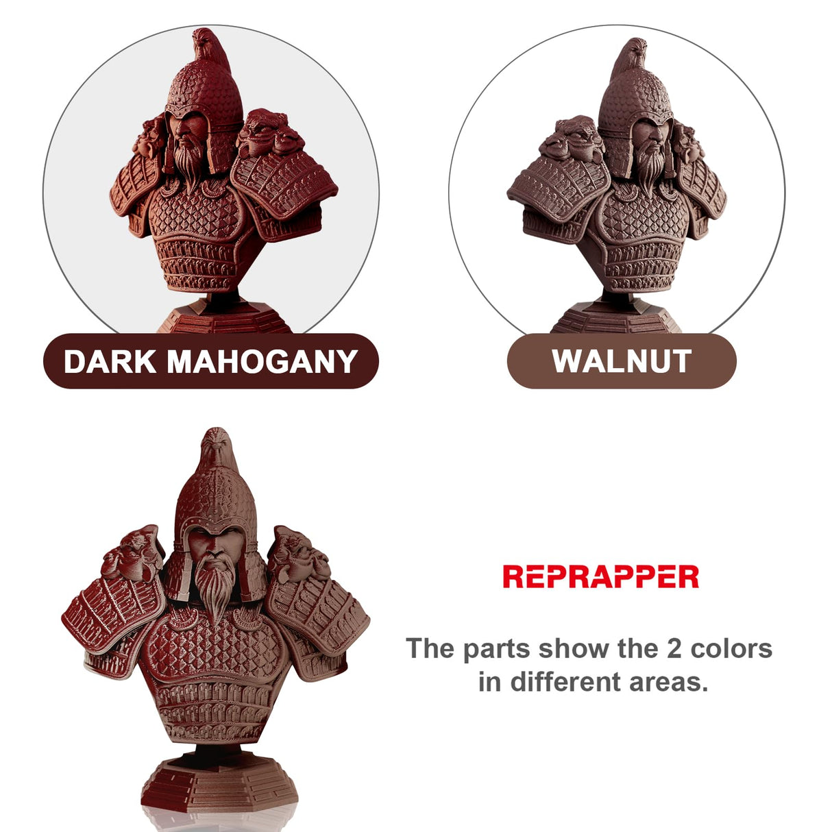 Reprapper Wood PLA, Wood Dual Color PLA Filament 1.75mm, 3D Printer Filament with Real Wood Fiber, Dark Mahogany/Walnut, 1000g RepRapper