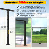 HEIDIBEAR Cable Railing Post, Flat Top Level Drilled Post Black Stainless Steel Deck Post 36’’x2’’x2’’-9Holes with Protector Sleeve Cable Railing System Wood Concrete Level Deck, PF01-L HEIDIBEAR
