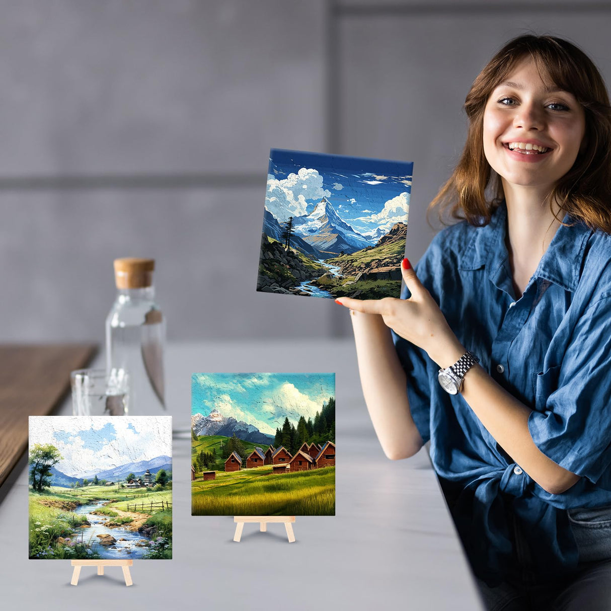 RoundFunny 8 Set Paint by Numbers Kit for Adults with 8x8 Inch Mini Simple Painting Canvas Wooden Frame Easel Acrylic Paints Brushes Funny Numbers Drawing Kit for Gift Home Wall Decor(Landscapes) RoundFunny