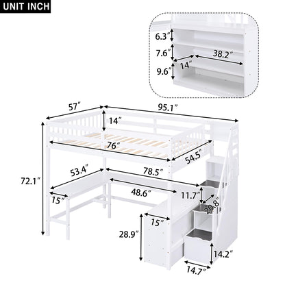 Harper & Bright Designs Multifunctional Full Size Loft Bed with Stairs and Desk in White