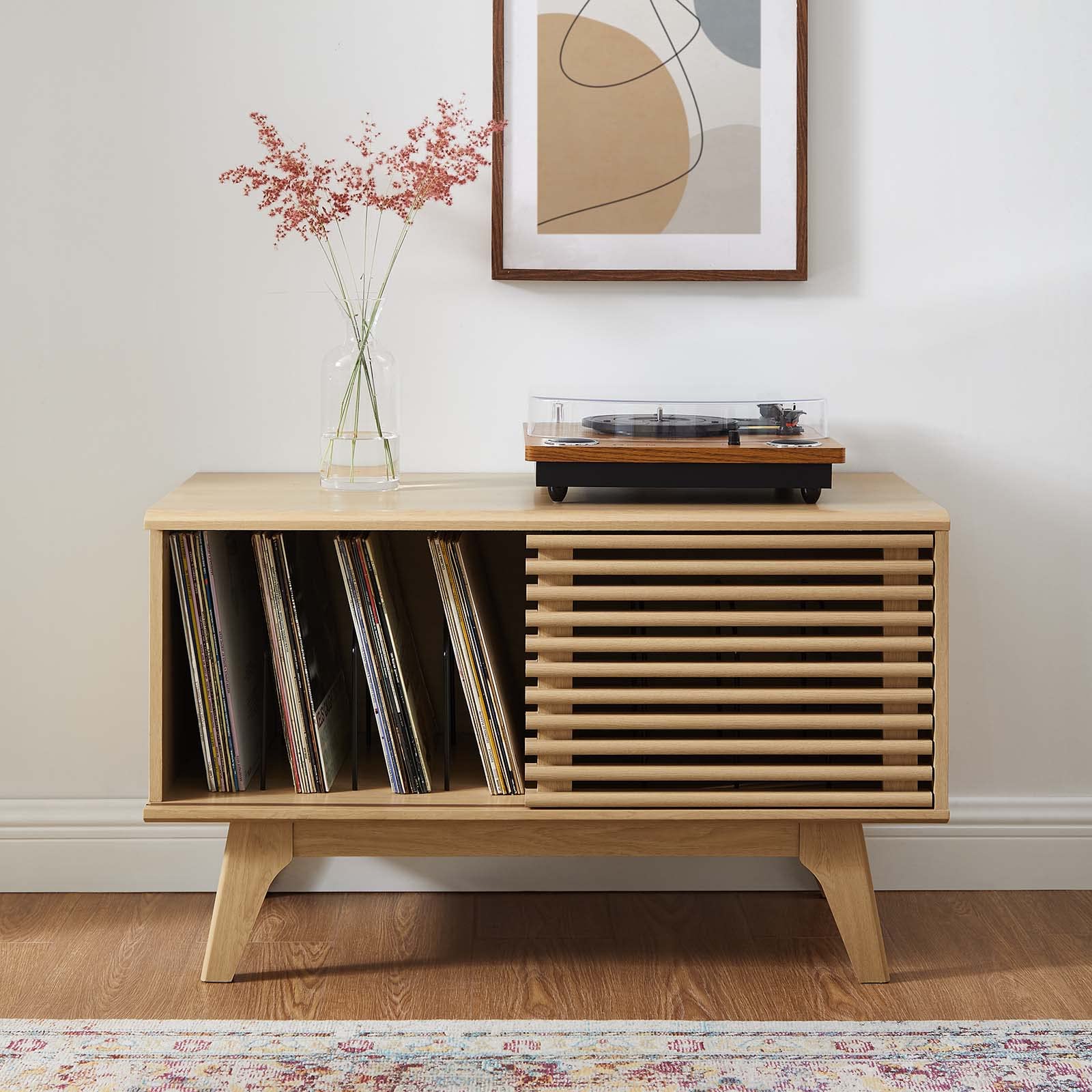 Modway Render Mid-Century Modern 37" Vinyl Record Display Stand in Oak - WoodArtSupply