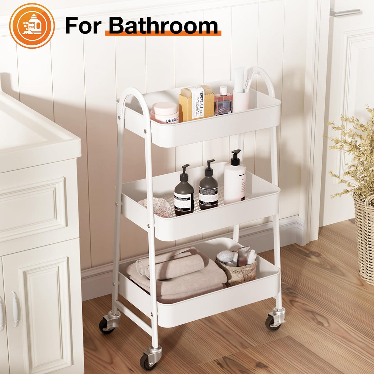 Sweetcrispy 3 Tier Metal Storage Utility Cart with Wheels, Kitchen Organizer Trolley Rolling Bathroom Laundry Room Bar Office Shelves Mobile Shelving Unit Caster for Snack Bedside Narrow Places Sweetcrispy