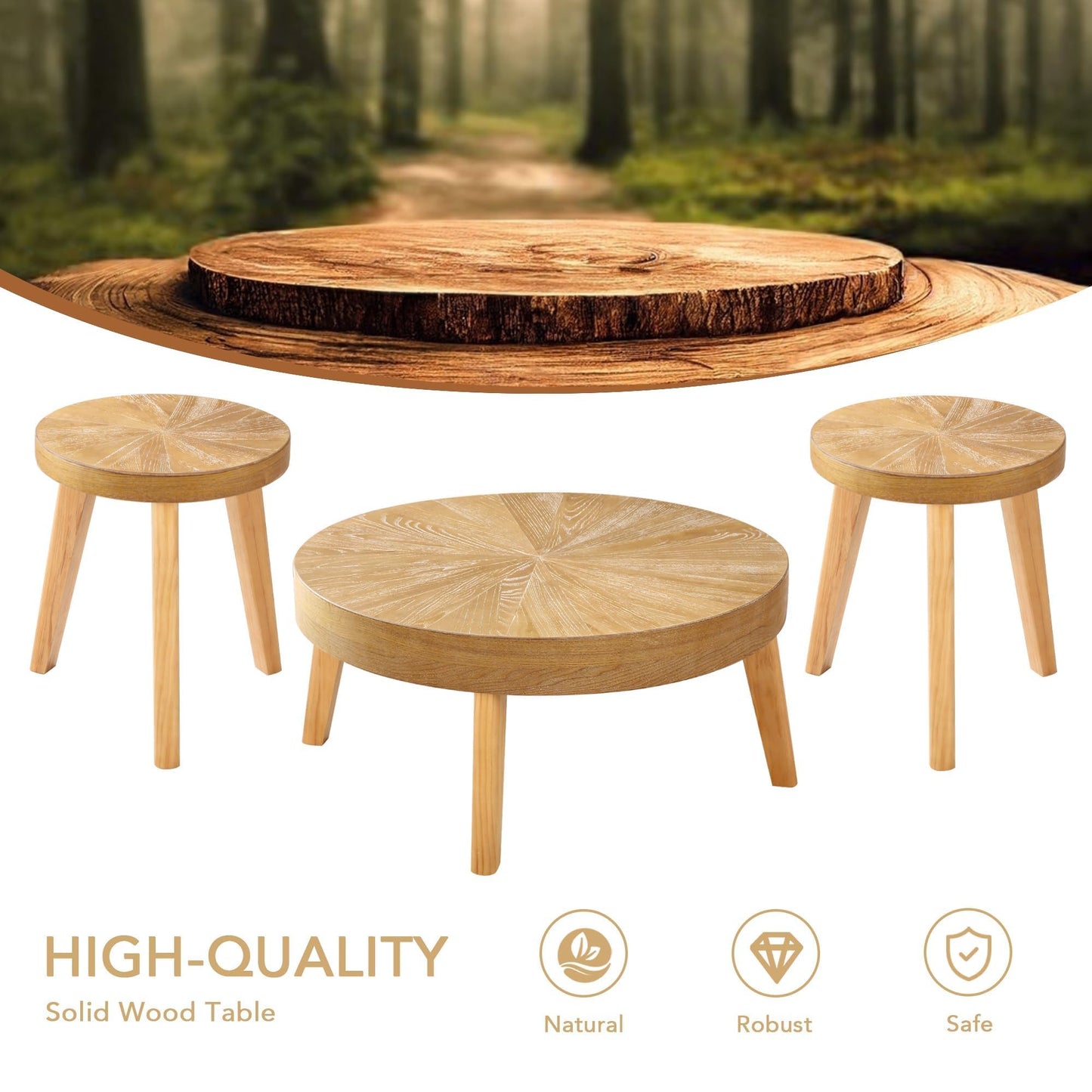 HOKYHOKY Farmhouse Round Coffee Table Set of 3, Boho Sofa Side Nesting Tables End Table Set with Wood Natural Finish for Living Room, Bedroom, Home Office,Natural - WoodArtSupply