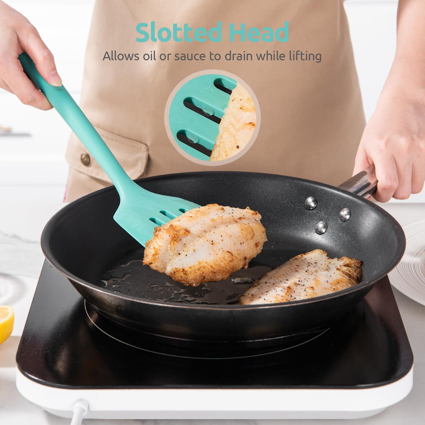 600ºF Heat Resistant Silicone Turners: U-Taste 13.6in Long Solid & Slotted Kitchen Spatula Flipper, Wide and Large Flexible Cooking Utensil for Flipping Egg, Pancake, Cookie (Aqua Sky, 2PCS)