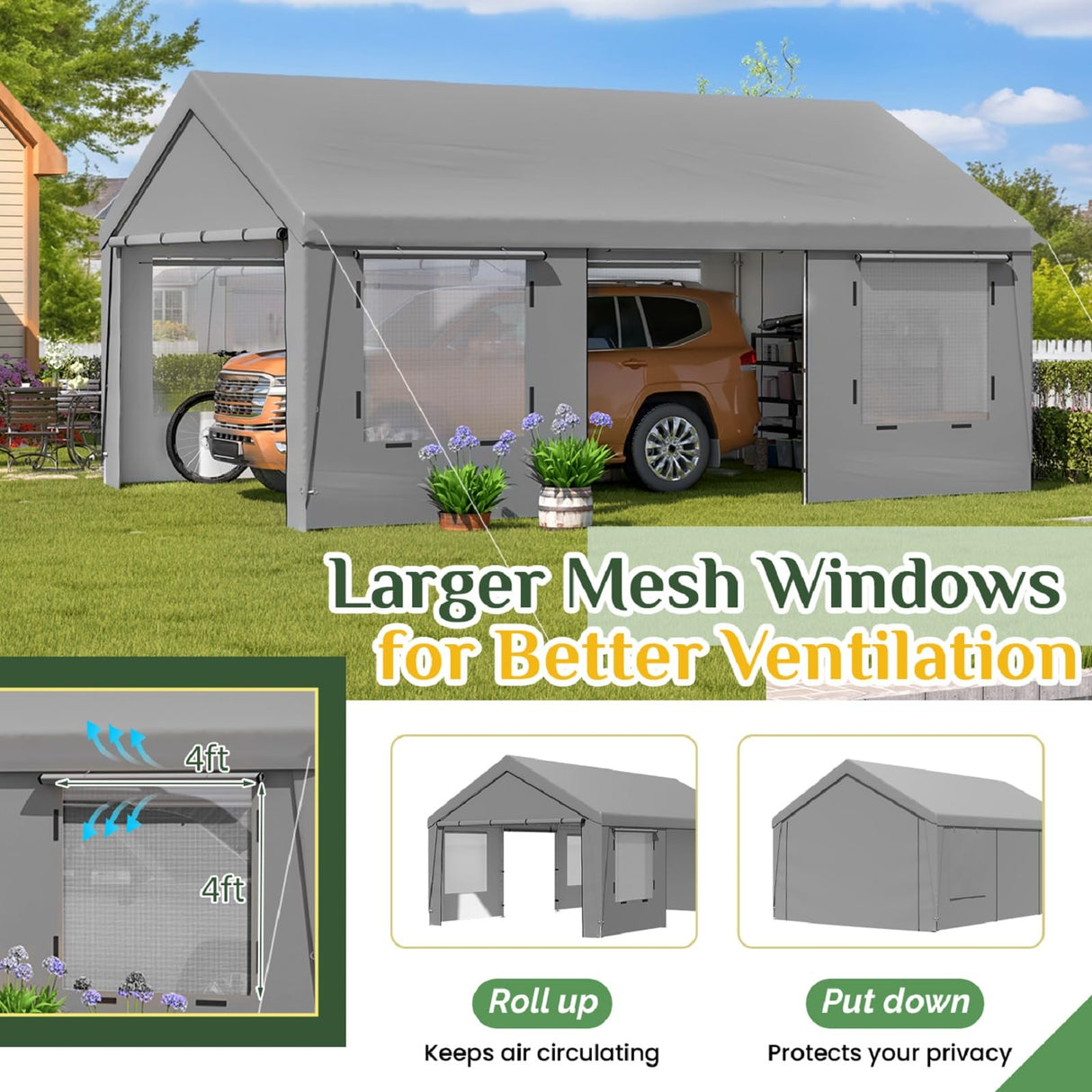 EROMMY 13' x 20' Carport，Portable Garage with UV Protection & Steel Frame, Heavy Duty Car Port with Removable Sidewalls, All-Season Car Canopy for Tractor, Truck, Boat, Outer Gray and Inner White EROMMY