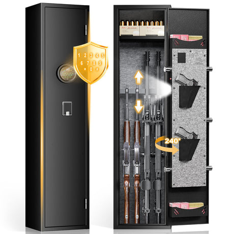 4-5 Gun Safe for Home Rifle and Pistols,Electronic Gun Cabinet wih LED Light&Dual Alarm and Mute Mode，Electronic Gun Safes for Shotguns with Multi-Function Panel and Pistol Bags Lnoauys