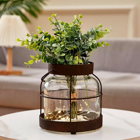 Denique Vintage Glass Farmhouse Vase, Rustic Lantern Decor with Plants LED Lights, Rustic Farmhouse Vase for Floral Arrangements Home Decor Gifts Denique