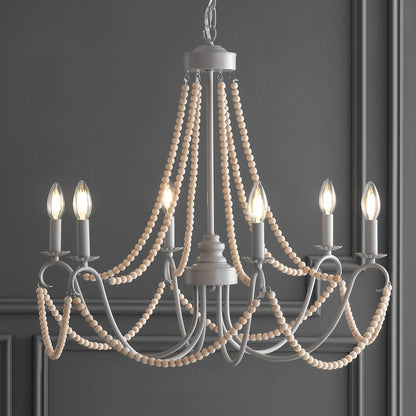 JONATHAN Y JYL9060A Rustica 6-Light 27" Adjustable Greige Metal/Wood Bead LED Chandelier Classic,FrenchCountry,Glam,Transitional Dimmable, for Dining Room, Foyer, Bedroom, Grey/Natural - WoodArtSupply