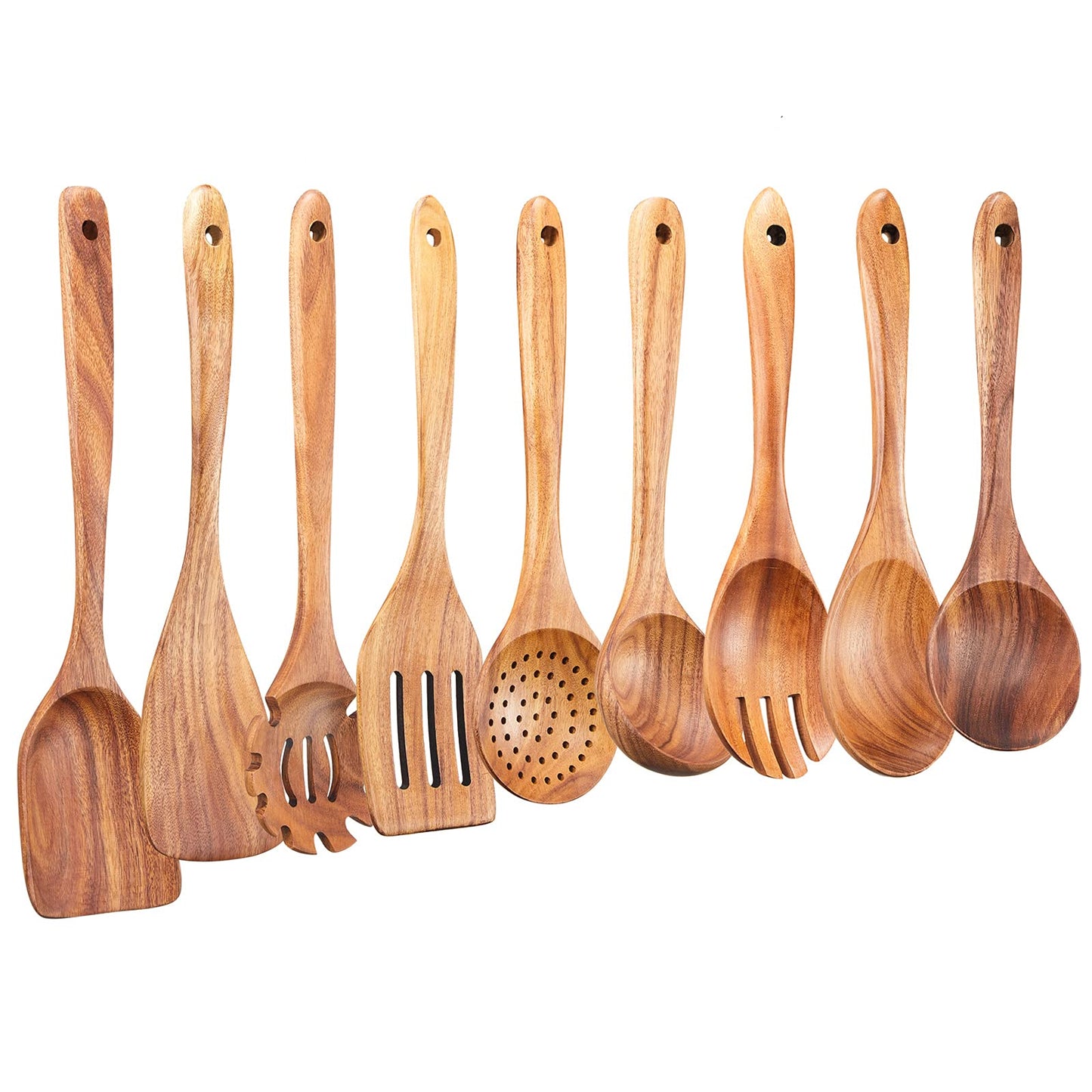 Wooden Kitchen Utensils Set,GUDAMAYE 9 PCE Natural Teak Wooden Spoons For Non-stick Pan for Cooking,