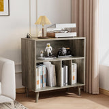 VINGLI Record Player Stand with Open Vinyl Storage, Mid-Century Album Storage Table with LED Light up to 300 Albums, Vinyl Record Player Shelf with Power Outlet for Living Room, Grey Oak VINGLI