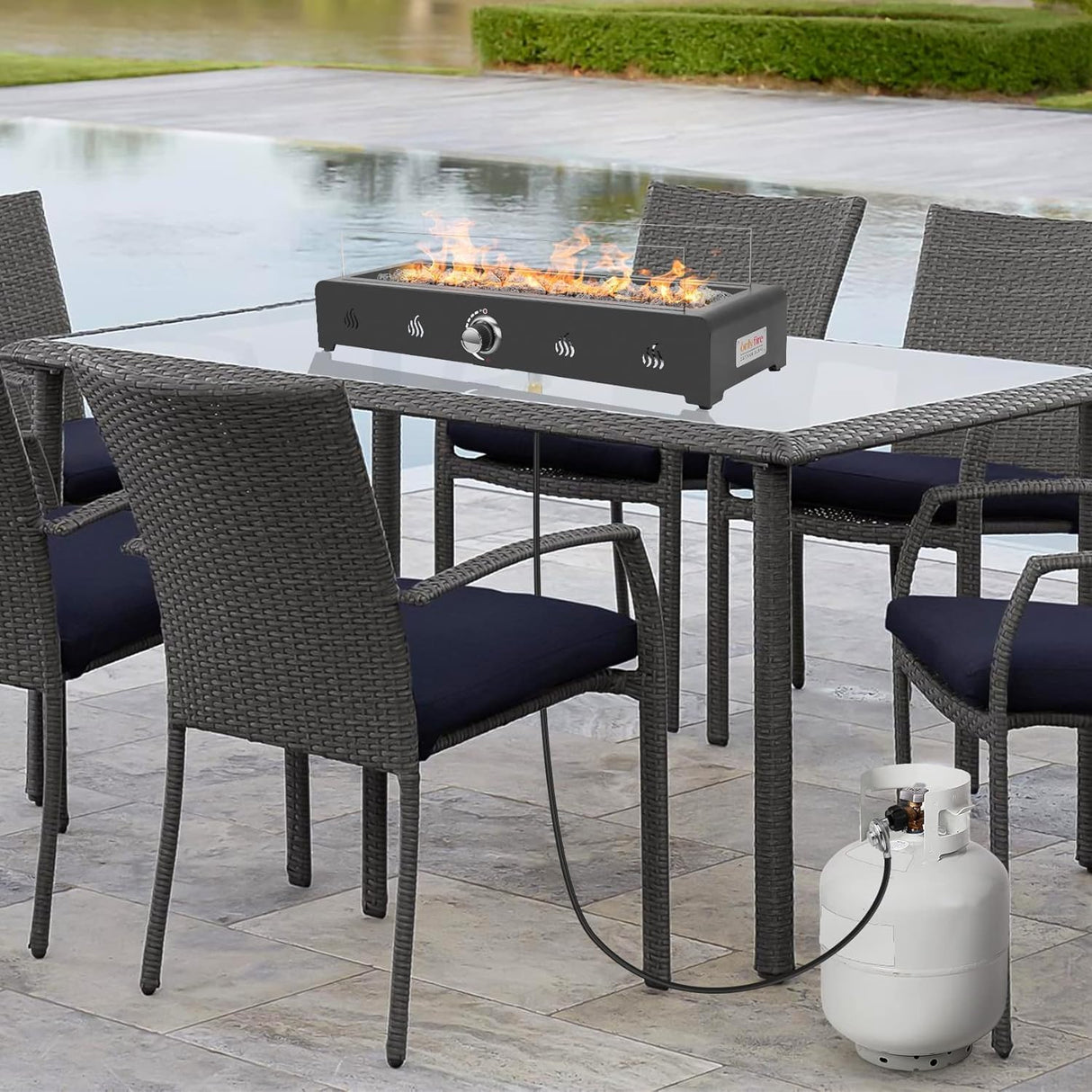 Onlyfire 28 Inch Tabletop Gas Fire Pit, Outdoor Propane Fire Pit Bottom Mounted with Glass Wind Guard and Lava Rock, Rectangular Smokeless Fire Table Indoor Outdoor Fireplace onlyfire