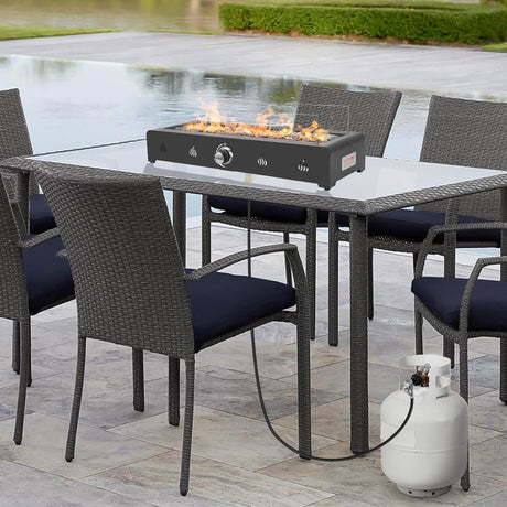 Onlyfire 28 Inch Tabletop Gas Fire Pit, Outdoor Propane Fire Pit Bottom Mounted with Glass Wind Guard and Lava Rock, Rectangular Smokeless Fire Table Indoor Outdoor Fireplace onlyfire