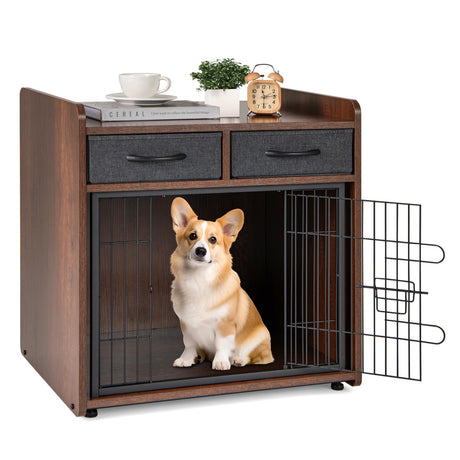 Giantex Dog Crate Furniture - Wooden Dog Cage End Table with 2 Storage Drawers, Latched Door, Pet House Dog Kennel Indoor for Small Dogs, Furniture-Style Dog Crate Side Table, Brown Giantex