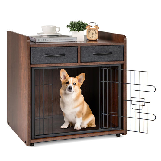 Giantex Dog Crate Furniture - Wooden Dog Cage End Table with 2 Storage Drawers, Latched Door, Pet House Dog Kennel Indoor for Small Dogs, Furniture-Style Dog Crate Side Table, Brown - WoodArtSupply