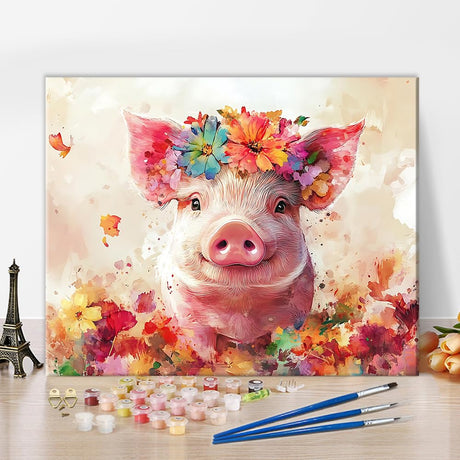 TUMOVO Adult Paint by Number, Cute Pig Paint by Numbers, DIY Color by Number, Pig with Flower Painting by Numbers Adult Paint by Number Kits On Canvas with 3 Brushes for Home Decor, 16 x20 Inch TUMOVO