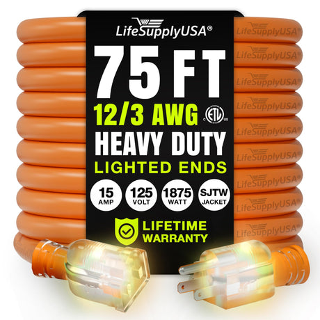75ft Power Outdoor Extension Cord & Indoor - Waterproof Electric Drop Cord Cable - 3 Prong SJTW, 12 Gauge, 15 AMP, 125 Volts, 1875 Watts, 12/3 ETL Listed by LifeSupplyUSA - Orange (1 Pack) LifeSupplyUSA