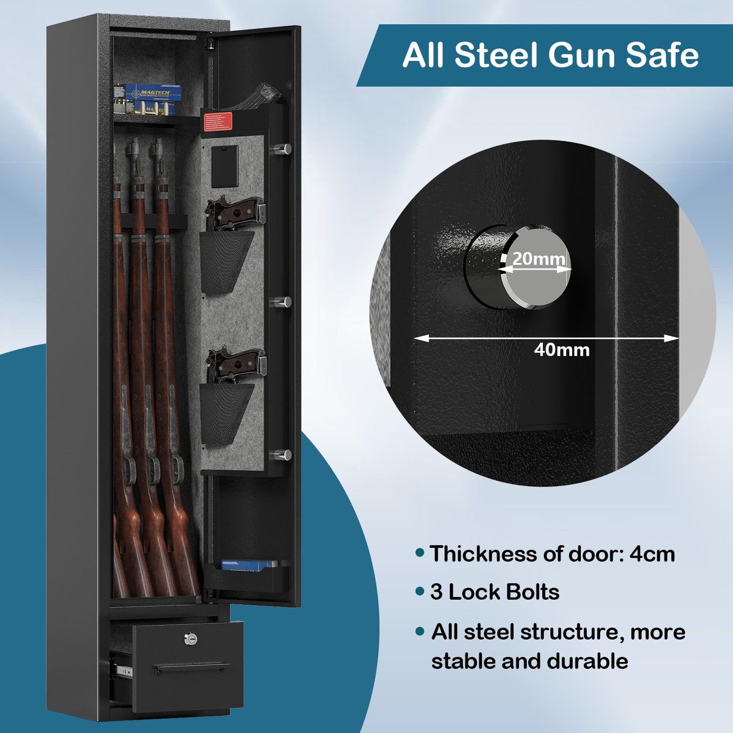 4 Gun Safe,Gun Safes & Cabinets,Gun Safes for Home Rifle and Pistols,Rifle Gun Safe with Drawer,Gun Cabinet for Rifles and Shotguns,Gun Safe with Removable Shelf and Gun Rack (3 Gun Safe - Digital)