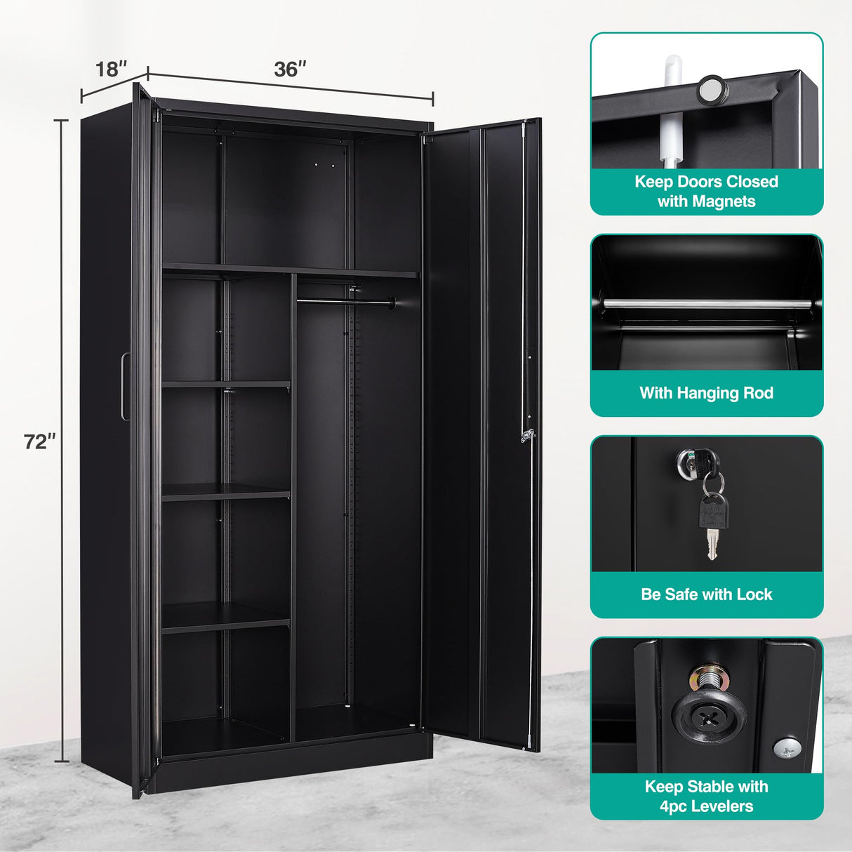 Metal Wardrobe Cabinet with Lock,72" Armoire Closet with Hanging Rod,Lockable Storage Locker,Black Storage Cabinet with Locking Doors,Garage Closet,Steel Wardrobe for Home,Bedroom,Office,Employee,Shop SISESOL